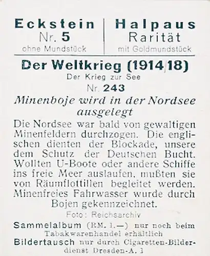 Sammelbild Der Weltkrieg 1914/18, Der Krieg zur See Nr. 243, Minenboje wird ausgelegt, Nordsee