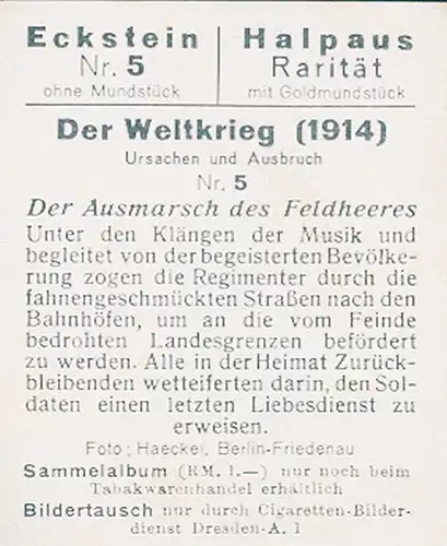 Sammelbild Der Weltkrieg 1914, Ursachen und Ausbruch, Nr. 5, Der Ausmarsch des Feldheeres