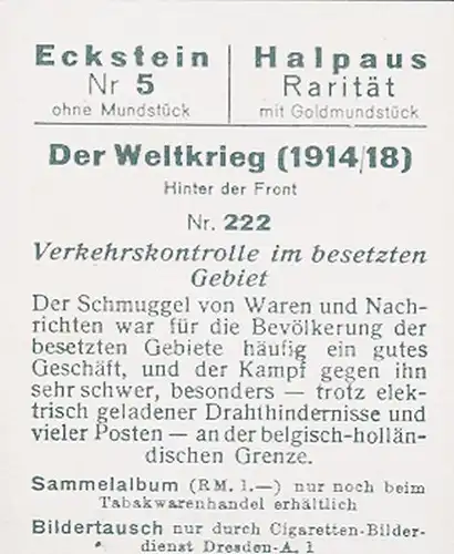 Sammelbild Der Weltkrieg 1914/18, Hinter der Front Nr. 222, Verkehrskontrolle im besetzten Gebiet