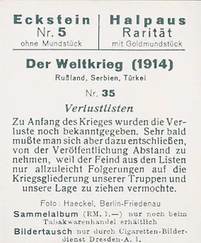 Sammelbild Der Weltkrieg 1914 Russland, Serbien, Türkei Nr. 35 Verlustlisten