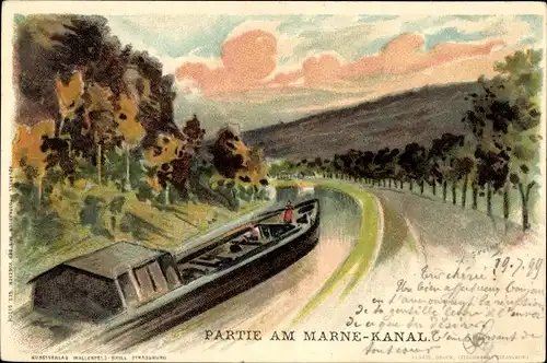 Künstler Litho Greiner, Charles, Elsass Bas Rhin, Marne Kanal, Kahn