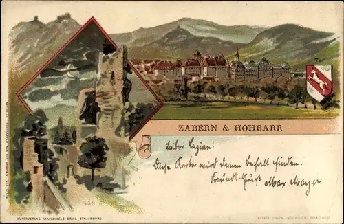 Künstler Litho Greiner, Saverne Zabern Elsass Bas Rhin, Haut Barr, Hohbarr, Burgruine, Wappen