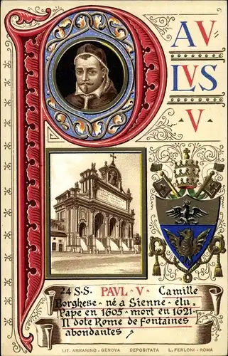Wappen Litho Papst Paulus V, Paul V., Camillo Borghese, Portrait