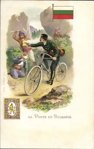 Briefmarken Litho Bulgarien, La Poste en Bulgarie, Briefträger auf Fahrrad mit Pistole, Trachten