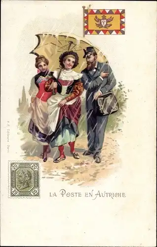 Briefmarken Litho La Poste en Autriche, Briefträger, Frauen in Volkstrachten, Regenschirm, Wappen