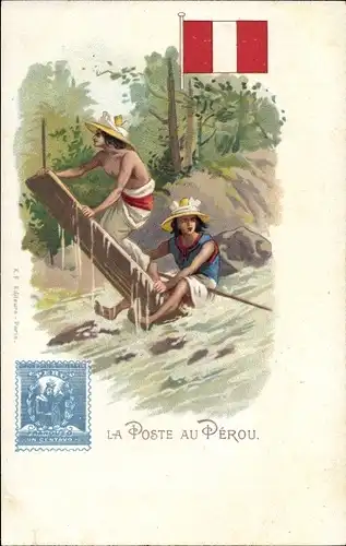 Briefmarken Litho Peru, La Poste au Perou, Fluss, Floß