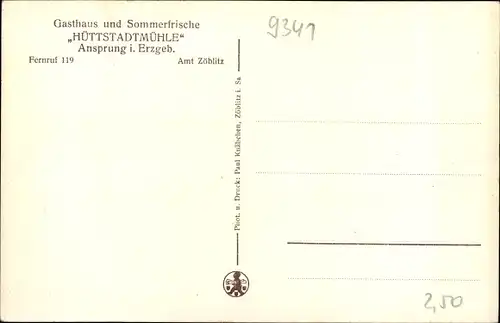 Ak Ansprung Marienberg im Erzgebirge, Gasthaus Hüttstadtmühle