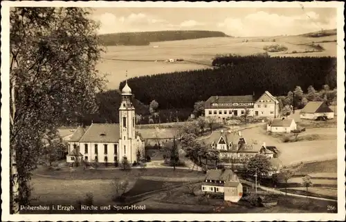 Ak Pobershau Marienberg im Erzgebirge, Kirche und Sport-Hotel