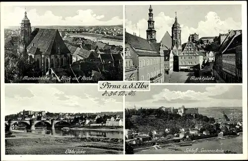 Ak Pirna Elbe, Marienkirche mit Blick auf Posta, Schloß Sonnenstein, Elbbrücke, Marktplatz