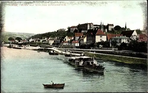 Ak Pirna in Sachsen, Flusspartie mit Dampfer und Schloss Sonnenstein