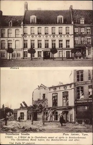 Ak Ypres Westflandern, L'hôtel de la Chatellenie avant et après le bombardement