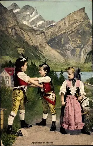 Ak Kinder in Appenzeller Tracht, Berglandschaft