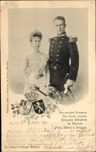 Wappen Ak Herzogin Elisabeth in Bayern und Prinz Albert von Belgien