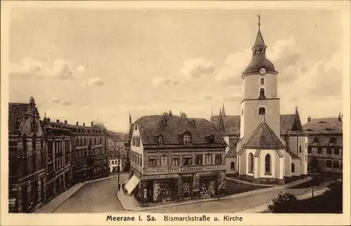 Ak Meerane in Sachsen, Bismarckstraße, Kirche, Geschäftshaus Otto Liessmann