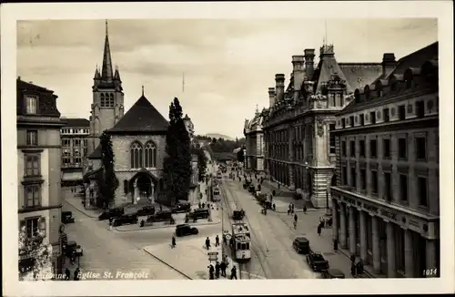 Ak Lausanne Kanton Waadt, Eglise et Place St. Francois, Straßenbahn