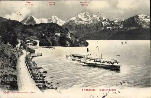 Ak Thunersee Kanton Bern, Beatenbucht, Dampfer