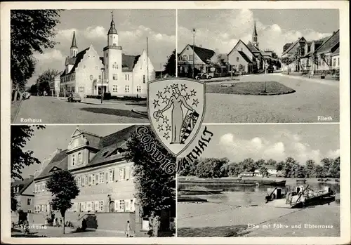 Wappen Ak Coswig in Anhalt, Rathaus, Sparkasse, Elbe mit Fähre und Elbterrasse, Flieth