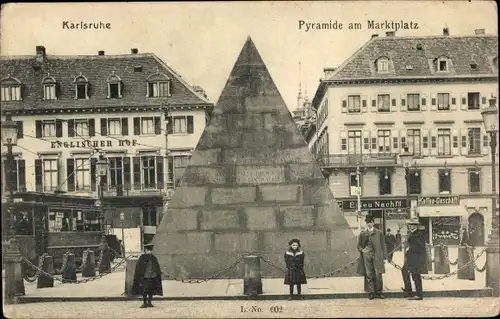 Ak Karlsruhe in Baden Württemberg, Pyramide am Marktplatz, Straßenbahn