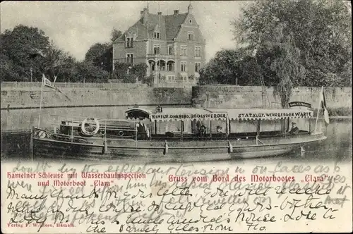 Ak Hameln an der Weser Niedersachsen, Hamelner Schleuse mit Wasserbauinspektion, Motorboot Clara