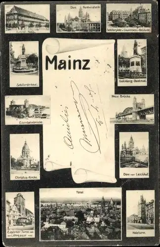 Ak Mainz am Rhein, Christus-Kirche, Schillerdenkmal, Eisenbahnbrücke