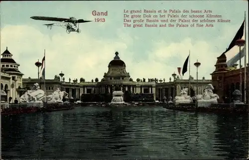 Ak Gand Gent Ostflandern, Le grand Bassin, le Palais des beaux Arts, Flugzeug, Weltausstellung 1913