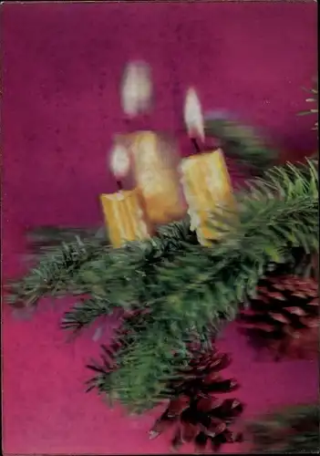 3 D Ak Kerzen auf Tannenzweig, Zapfen