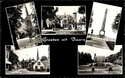 Ak Baarn Utrecht Niederlande, Laanstraat, Hoge Vuursche, Gedenknaald, Gemeentehuis, Kerk