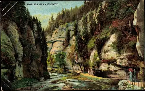 Künstler Litho Hřensko Herrnskretschen Elbe Region Aussig, Edmundsklamm, Kamnitzklamm