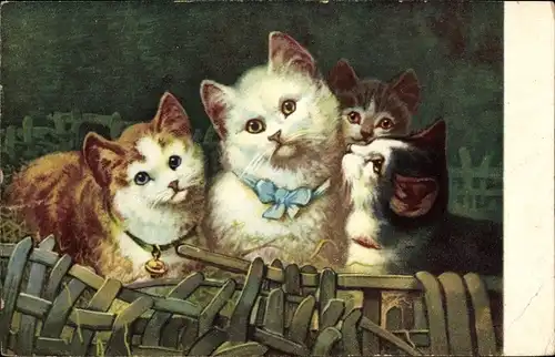 Künstler Ak Vier junge Katzen, Halsband mit Glocke, Schleife