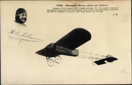 Ak Monoplan Bleriot, pilote par Leblanc, Flugzeug, Flugpionier