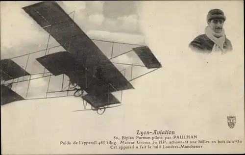 Ak Lyon Aviation, Biplan Farman, pilote par Paulhan, Flugzeug, Flugpionier