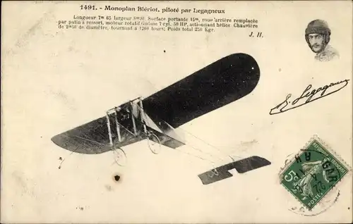 Ak Monoplan Bleriot, pilote par Legagneux, Pilot, Flugzeug