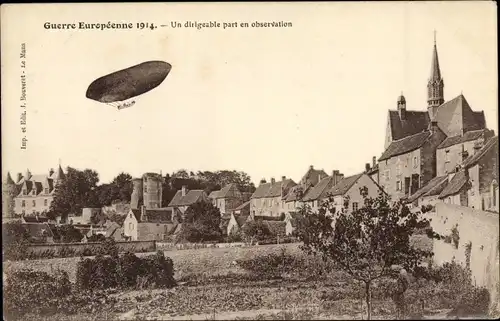 Ak Guerre Europerenne 1914, Un dirigeable part en observation, Zeppelin