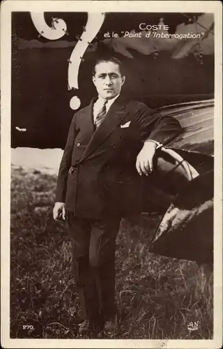 Ak Französischer Flugpionier Coste vor Flugzeug, Point d'Interrogation