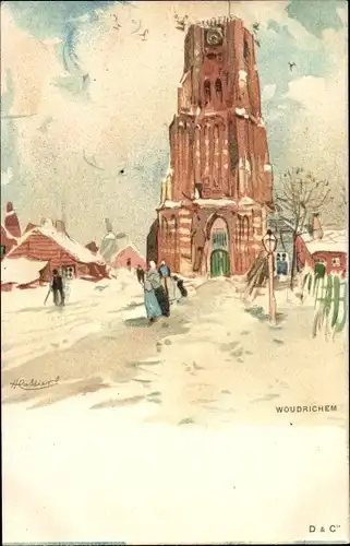 Künstler Litho Cassiers, H., Woudrichem Nordbrabant Niederlande, Teilansicht der Stadt, Turm