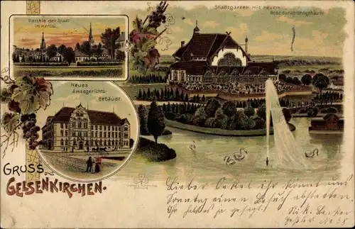 Litho Gelsenkirchen im Ruhrgebiet, Amtsgericht, Stadtgarten, Restaurationsgebäude