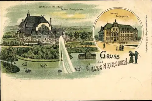 Litho Gelsenkirchen im Ruhrgebiet, Neues Amtsgericht, Stadtgarten, neues Restaurationsgebäude