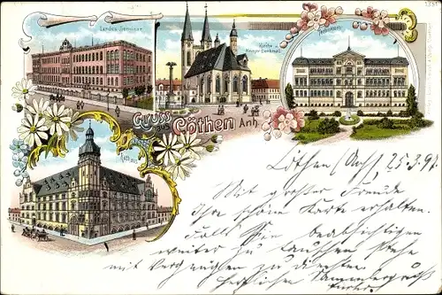 Litho Köthen in Anhalt, Landesseminar, Kirche, Kriegerdenkmal, Rathaus, Technikum
