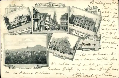Ak Reutlingen in Württemberg, Webschule, mittlere Wilhelmstraße, Rathaus, Postamt, Panorama