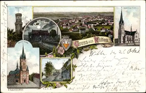 Litho Witten an der Ruhr, Marienkirche, Helenenturm, Eisenbahnstrecke, Gesamtansicht, Wappen