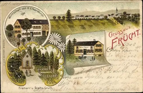 Litho Frücht an der Lahn, Wirtschaft von H. Elberskirch, Freiherr von Steins Gruft, Panorama