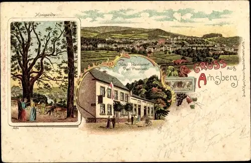 Litho Arnsberg im Sauerland, Hotel von Paul Preusser, Königseiche, Gesamtansicht