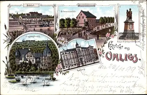 Litho Ohligs Solingen Bergisches Land, Bahnhof, Schwanenmühle, Rathaus, Caspersbroich