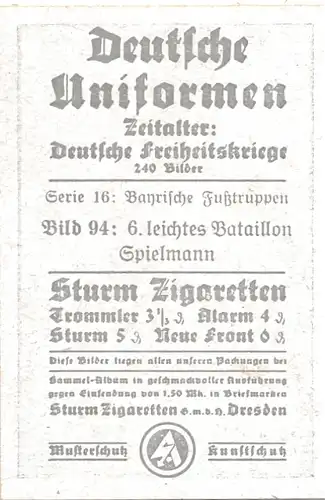 Sammelbild Deutsche Uniformen, Deutsche Freiheitskriege Serie 16 Bild 94, Bayr. 6. leichtes Batl.