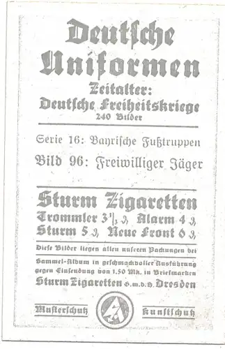 Sammelbild Deutsche Uniformen, Deutsche Freiheitskriege Serie 16 Bild 96, Bayr. Freiw. Jäger