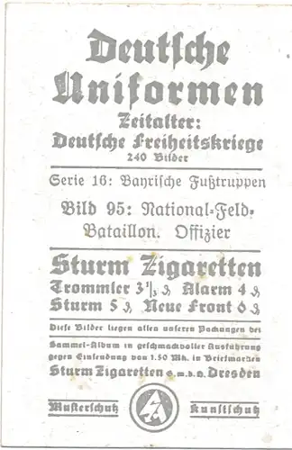 Sammelbild Deutsche Uniformen, Deutsche Freiheitskriege Serie 16 Bild 95, Bayr. National Feld. Batl.