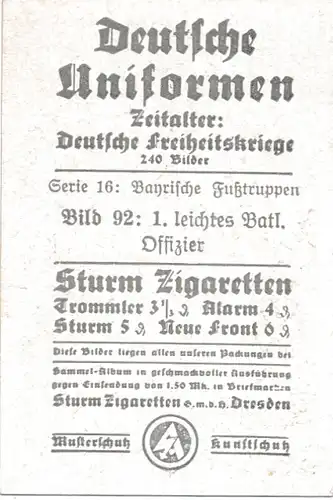 Sammelbild Deutsche Uniformen, Deutsche Freiheitskriege Serie 16 Bild 92, Bayr. 1. leichtes Batl.