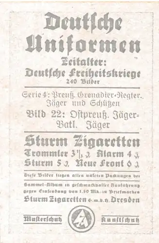 Sammelbild Deutsche Uniformen, Deutsche Freiheitskriege Serie 4 Bild 22, Ostpreuß. Jäger Batl.