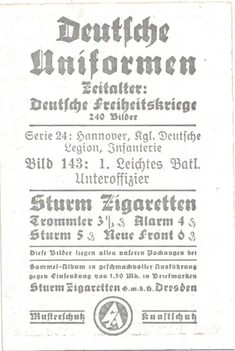 Sammelbild Deutsche Uniformen, Deutsche Freiheitskriege Serie 24 Bild 143, Hannov. 1. Leichtes Batl.