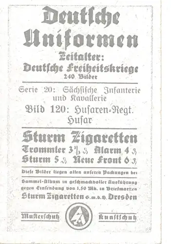 Sammelbild Deutsche Uniformen, Deutsche Freiheitskriege Serie 20 Bild 120, Sächs. Husaren Regt.